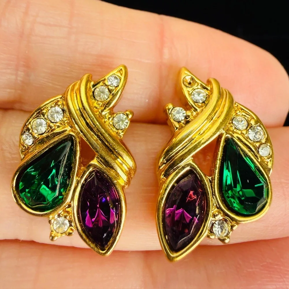 Vintage goldtone, festive green red and clear bling holiday pierced earrings